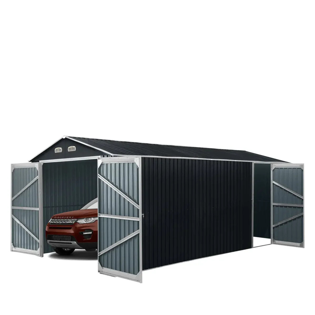 TMG Industrial Metal Garage Shed with Double Front Doors and Side Entry Door
