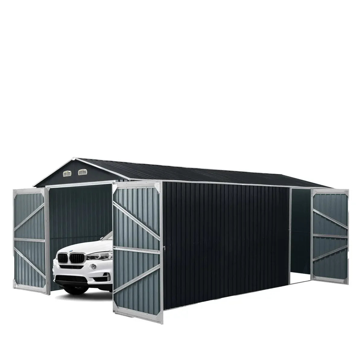 TMG Industrial Metal Garage Shed with Double Front Doors and Side Entry Door