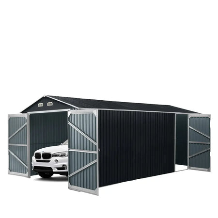 TMG Industrial Metal Garage Shed with Double Front Doors and Side Entry Door