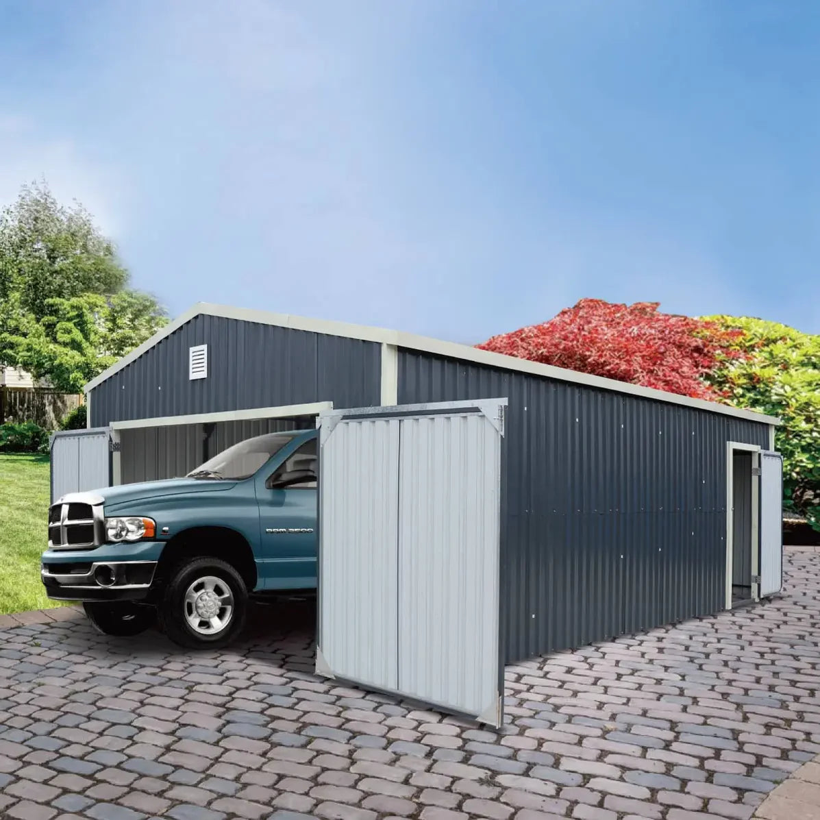 TMG Industrial Metal Garage Shed with Double Front Doors and Side Entry Door