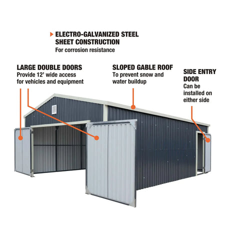 TMG Industrial Metal Garage Shed with Double Front Doors and Side Entry Door